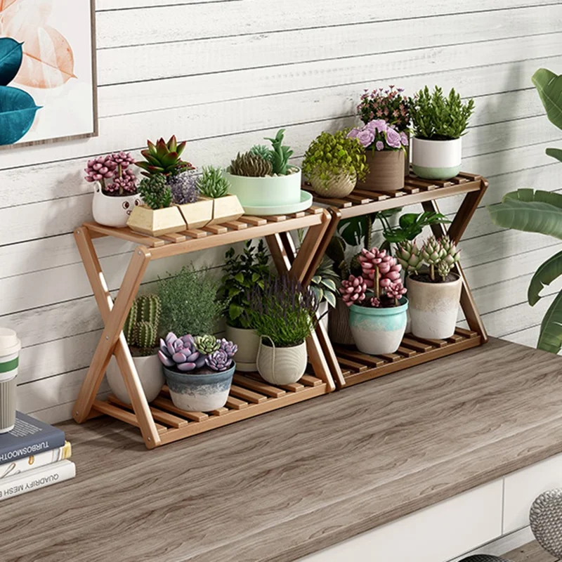 Multi-Tier Plant Stand 50cm Bamboo Flower Pot Shelf Indoor Outdoor Storage Rack for Living Room / Balcony / Office - Burlywood