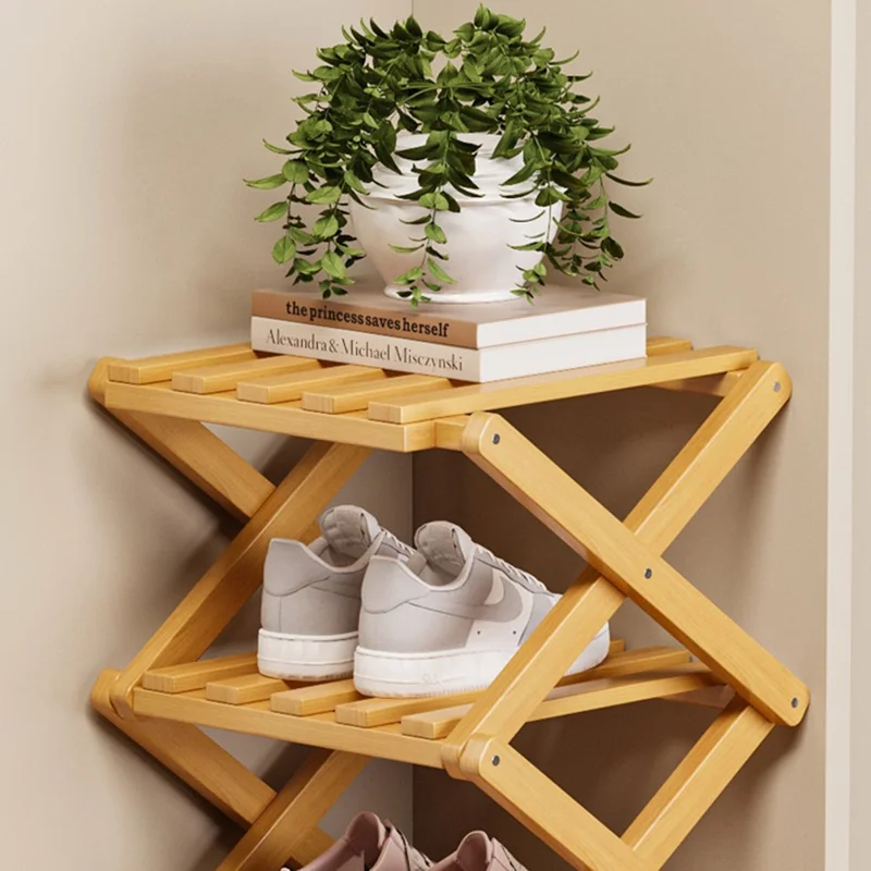 5 Tier Bamboo Shoe Rack No Assembly Foldable Shoe Organizer for Entryway - Wood Color
