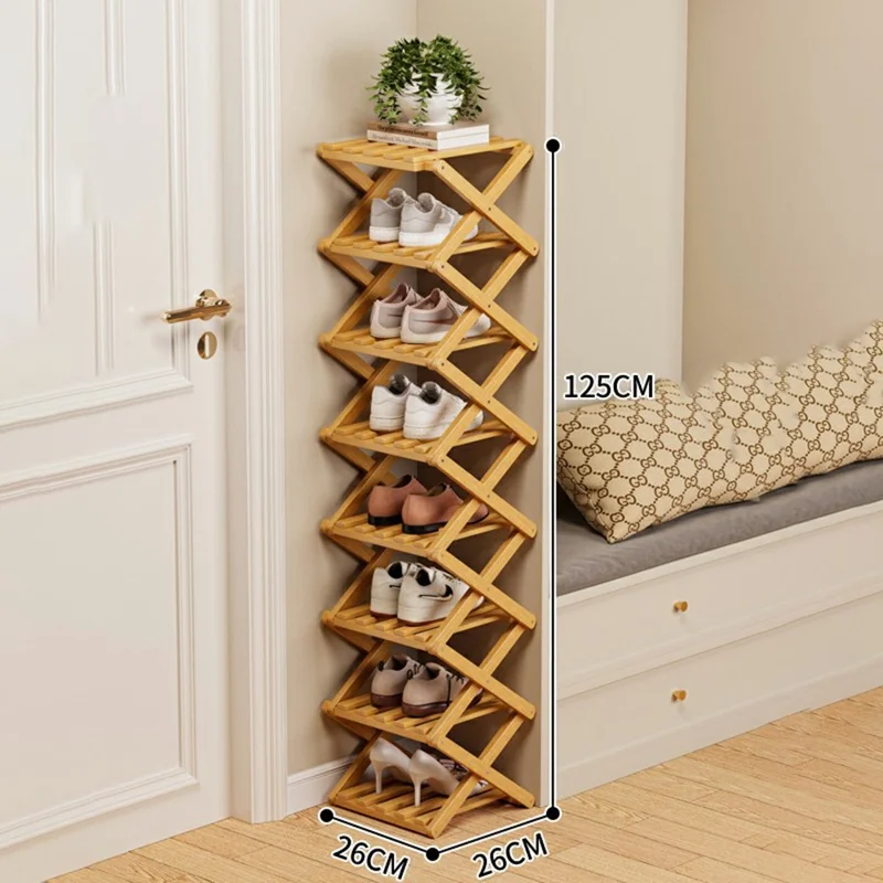 Folding 8-Tier Shoe Rack Entryway Storage Holder Shoes Organizer for Indoor Corner - Burlywood
