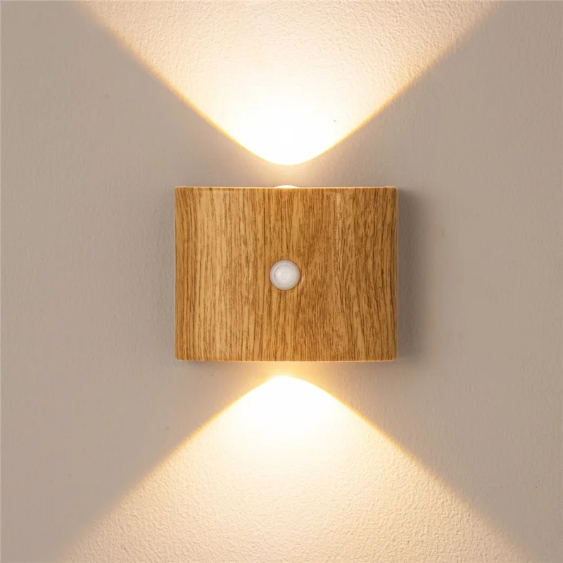 SWL003 No Drilling Wireless Magnetic Wall Light Motion Sensor Night Lamp for Bedroom Stairs - Wood Grain