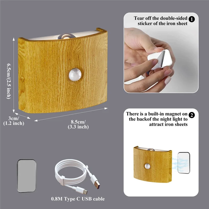 SWL003 No Drilling Wireless Magnetic Wall Light Motion Sensor Night Lamp for Bedroom Stairs - Wood Grain