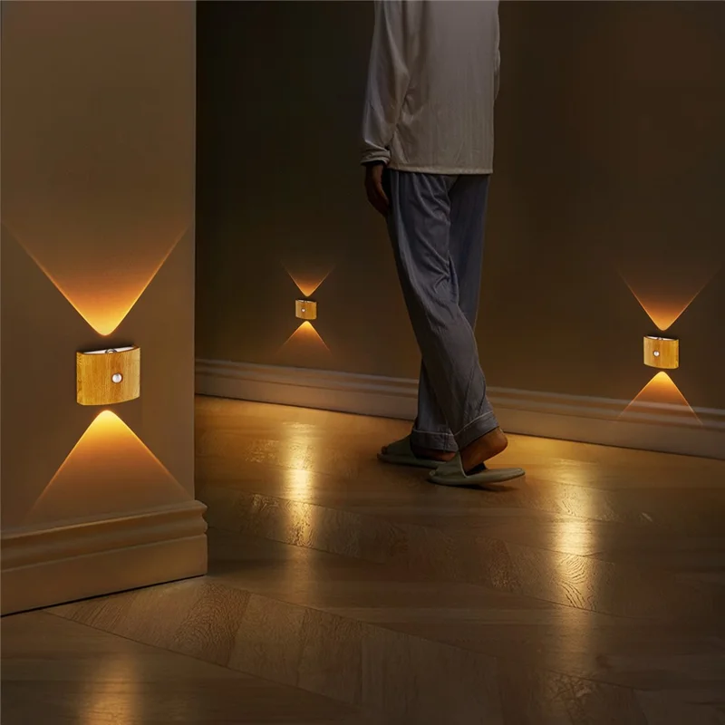 SWL003 No Drilling Wireless Magnetic Wall Light Motion Sensor Night Lamp for Bedroom Stairs - Wood Grain