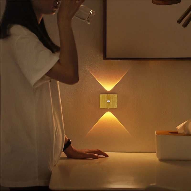 SWL003 No Drilling Wireless Magnetic Wall Light Motion Sensor Night Lamp for Bedroom Stairs - Wood Grain