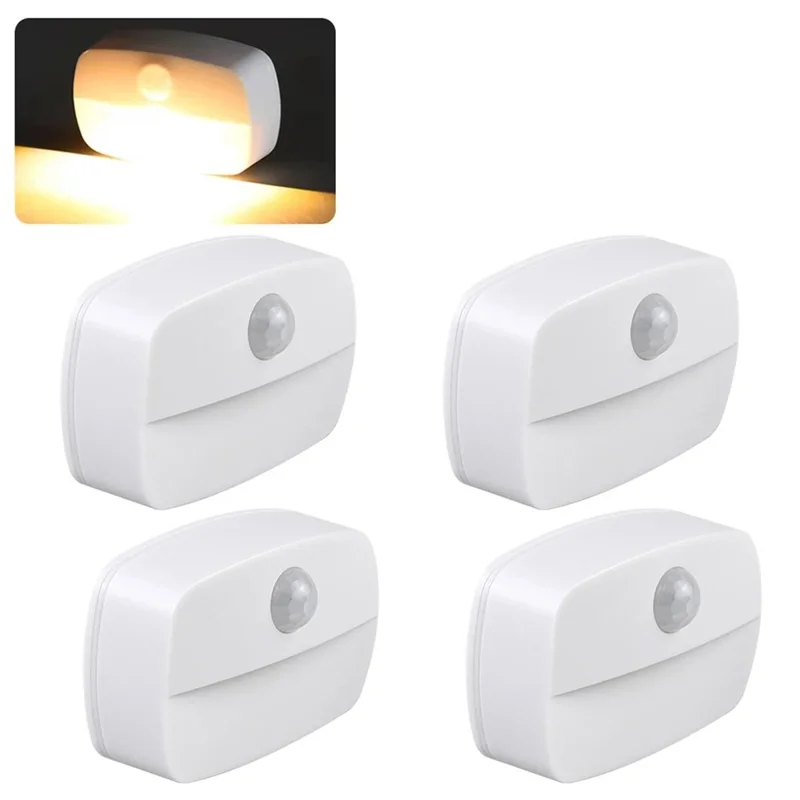 T023 4 PCS Wireless Smart LED Motion Sensor Night Light Battery Powered For Bathroom Hallway Closet - Warm White Light