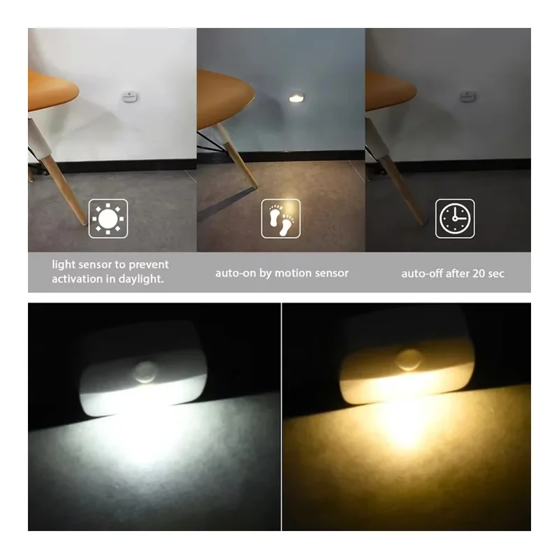 T023 4 PCS Wireless Smart LED Motion Sensor Night Light Battery Powered For Bathroom Hallway Closet - Warm White Light
