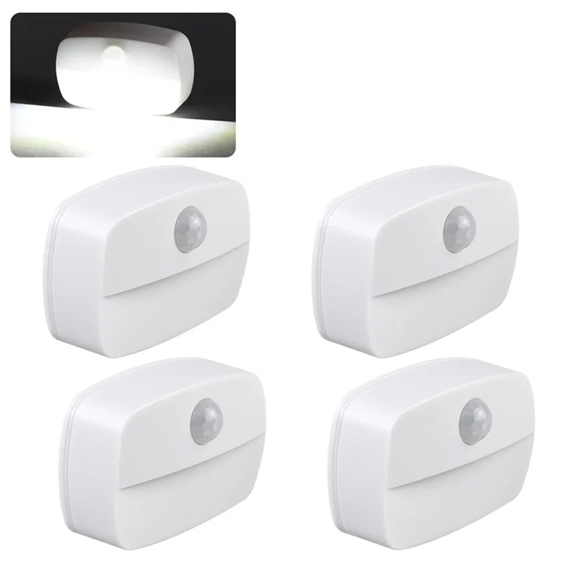 T023 4 PCS Wireless Smart LED Motion Sensor Night Light Battery Powered For Bathroom Hallway Closet - Cool White Light