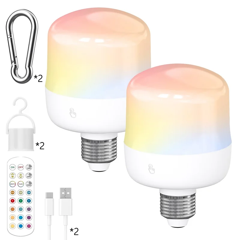 T103 2 Pack USB Rechargeable LED Bulb E26 Socket Touch Control Remote Adjustable Brightness 15 Colors