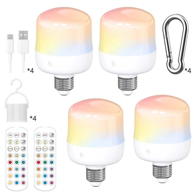 T103 4 Lampadine LED Ricaricabili tramite USB con Attacco E26, Controllo Touch e 2 Telecomandi