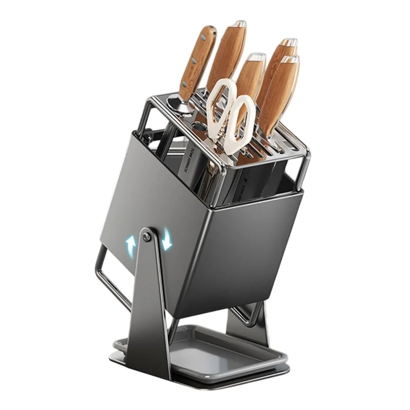 Rotating Knife Block for Kitchen Cutlery Organizer Stainless Steel Storage Rack with Draining Tray - Dark Grey