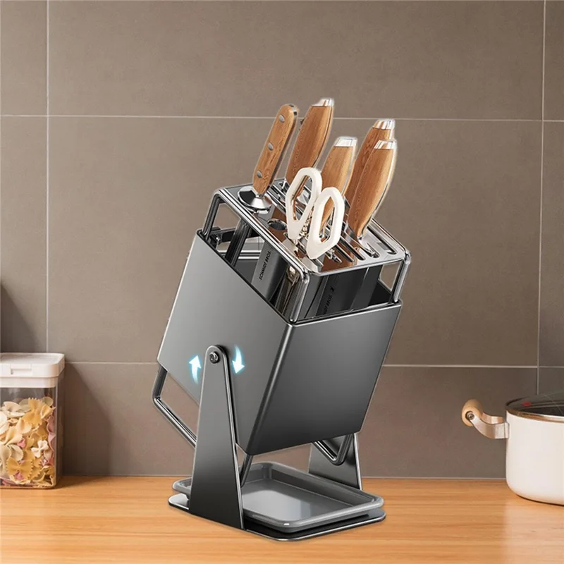 Rotating Knife Block for Kitchen Cutlery Organizer Stainless Steel Storage Rack with Draining Tray - Dark Grey