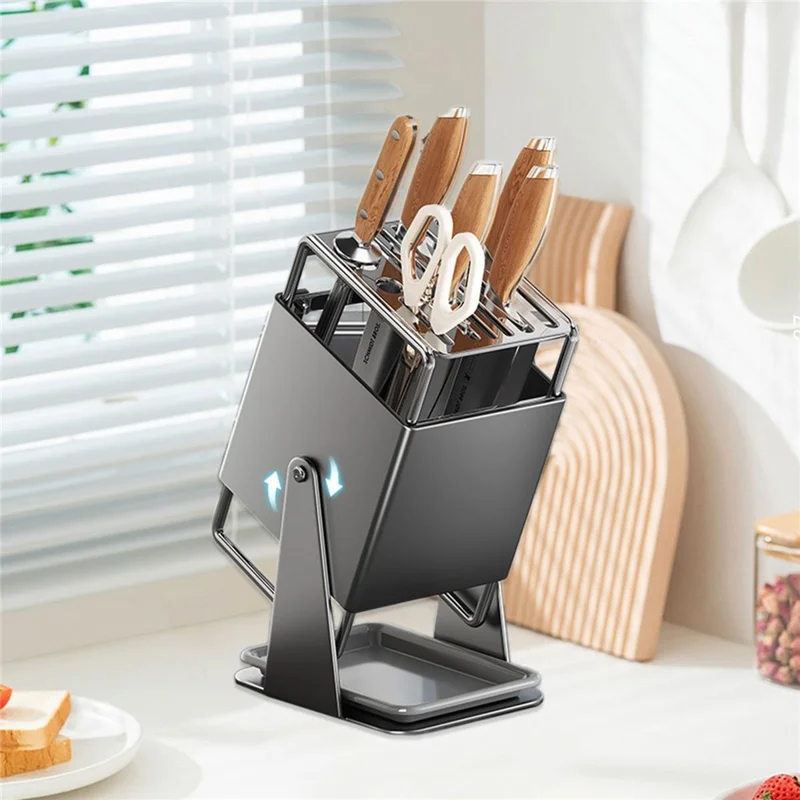 Rotating Knife Block for Kitchen Cutlery Organizer Stainless Steel Storage Rack with Draining Tray - Dark Grey