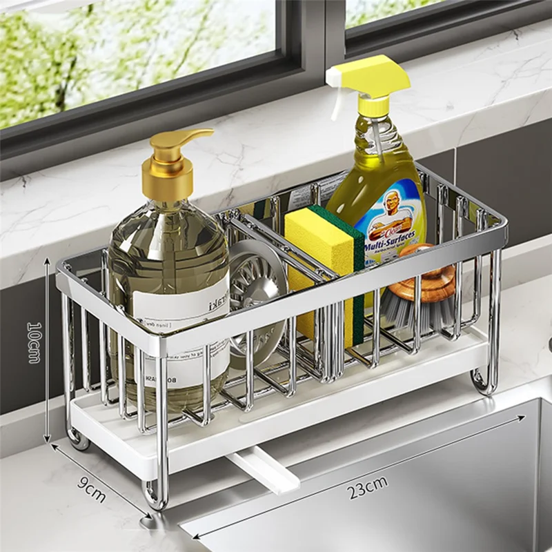 Kitchen Sink Caddy Stainless Steel Sponge Holder with Drip Tray Mesh Basket For Dish Soap Brush Organizer