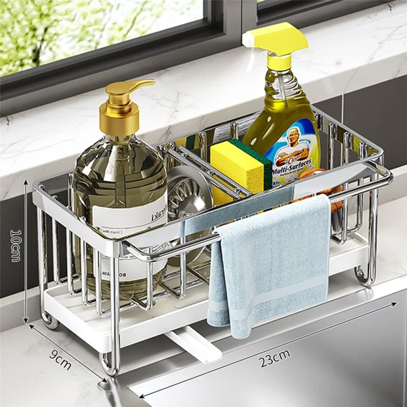 Stainless Steel Kitchen Sink Caddy Organizer with Drip Tray Mesh Holder Rod for Brushes Dishcloths