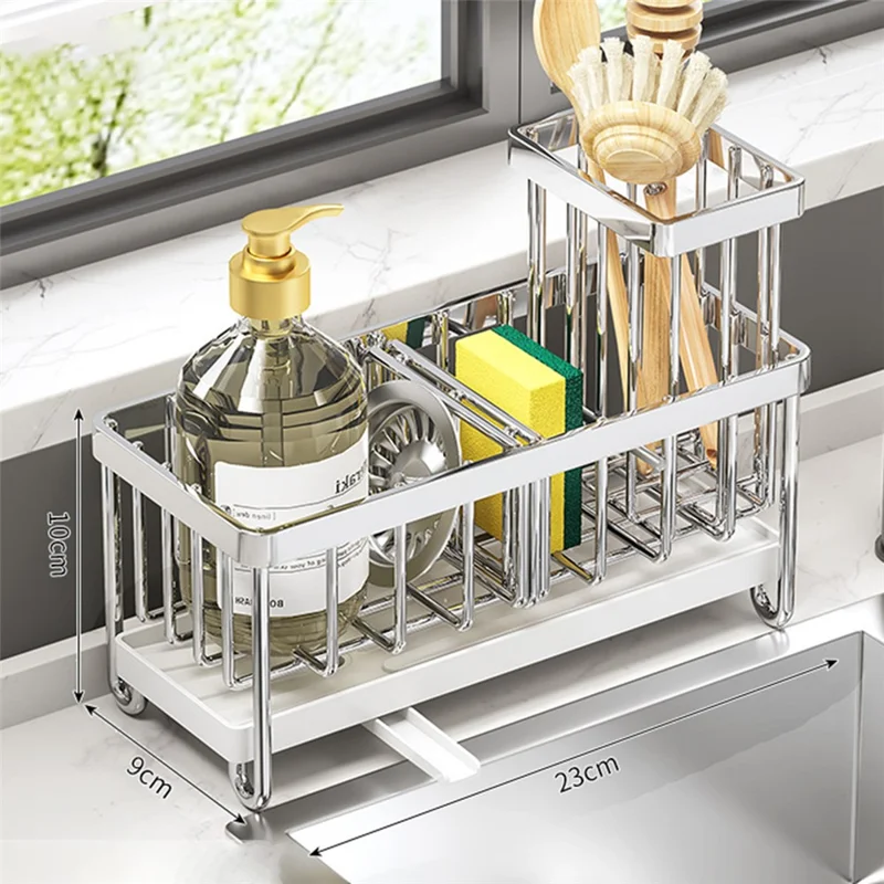 Kitchen Sink Organizer Stainless Steel Draining Rack with Drip Tray Mesh Holder Storage Basket