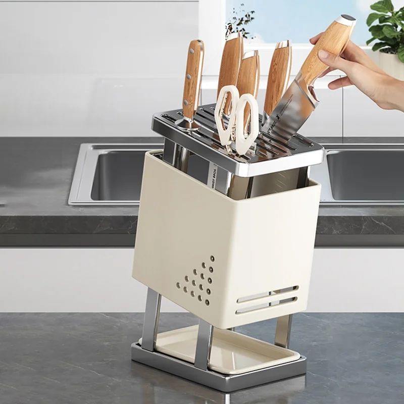 Multifunctional Kitchen Knife Holder Countertop Organizer Heavy Duty Cutlery Storage Rack - Beige