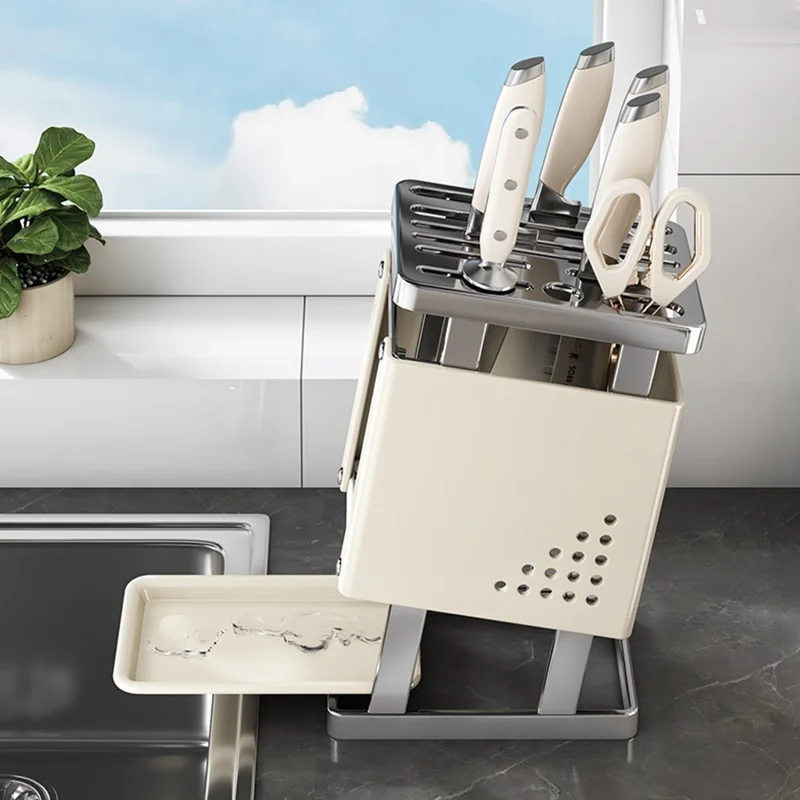 Multifunctional Kitchen Knife Holder Countertop Organizer Heavy Duty Cutlery Storage Rack - Beige