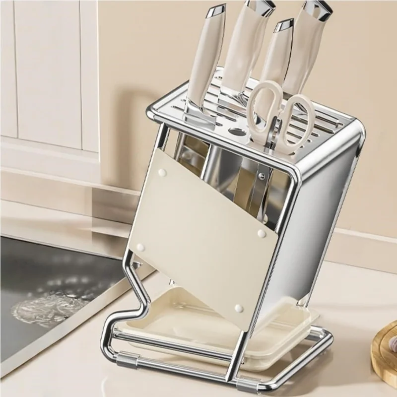 Stainless Steel Kitchen Knife Holder Organizer Countertop Multifunctional Utensil Storage Rack - Beige