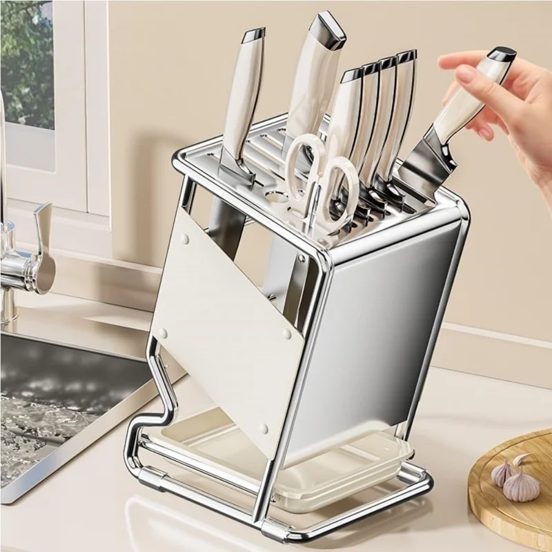 Stainless Steel Kitchen Knife Holder Organizer Countertop Multifunctional Utensil Storage Rack - Beige