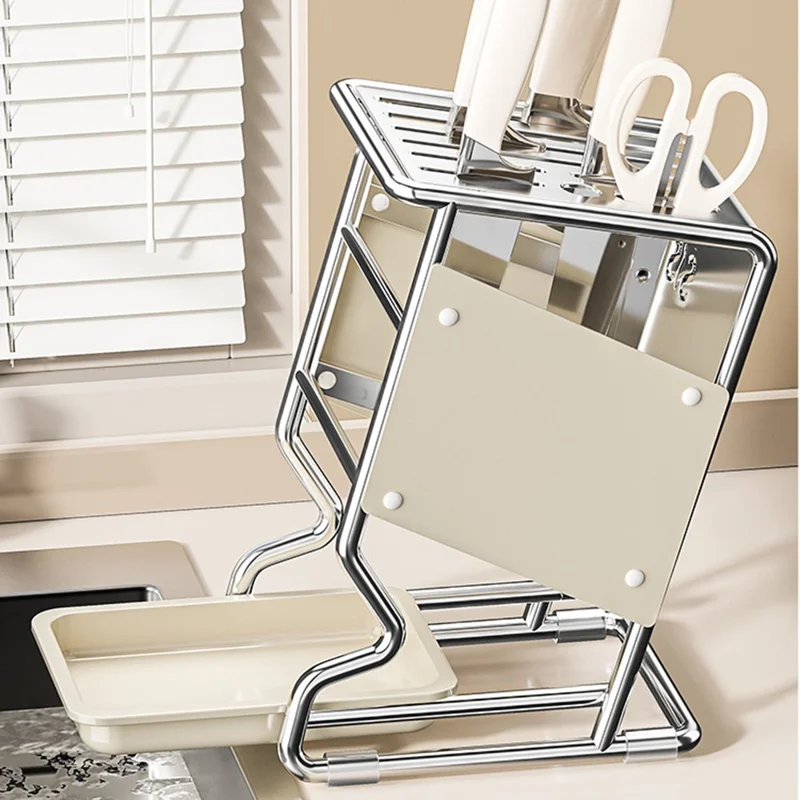 Stainless Steel Kitchen Knife Holder Organizer Countertop Multifunctional Utensil Storage Rack - Beige
