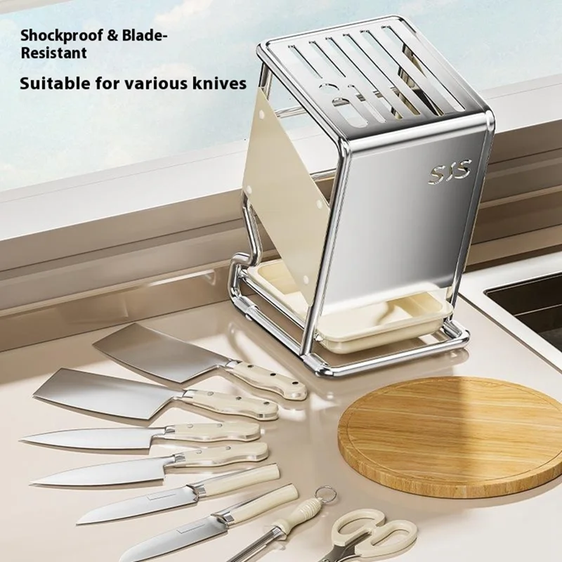Stainless Steel Kitchen Knife Holder Organizer Countertop Multifunctional Utensil Storage Rack - Beige