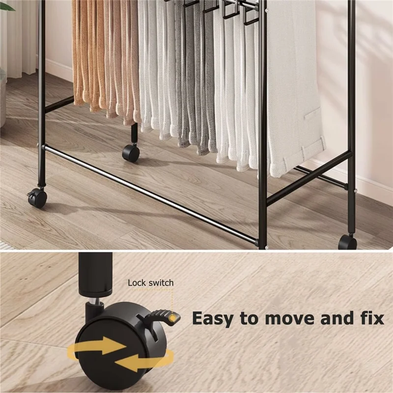 Portapantaloni mobile con larghezza di 60 cm e 20 grucce, organizzatore per armadio, scaffale di stoccaggio in metallo con ruote girevoli - Nero
