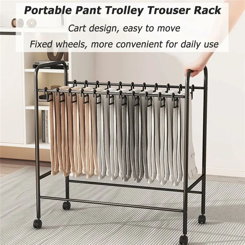 Portapantaloni mobile con larghezza di 60 cm e 20 grucce, organizzatore per armadio, scaffale di stoccaggio in metallo con ruote girevoli - Nero