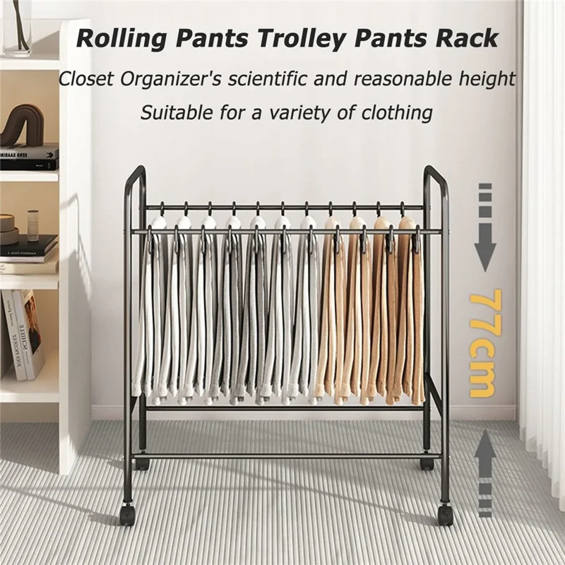 Portapantaloni mobile da 75 cm con 24 grucce, organizer per armadio, scaffale di stoccaggio in metallo con ruote girevoli - Nero