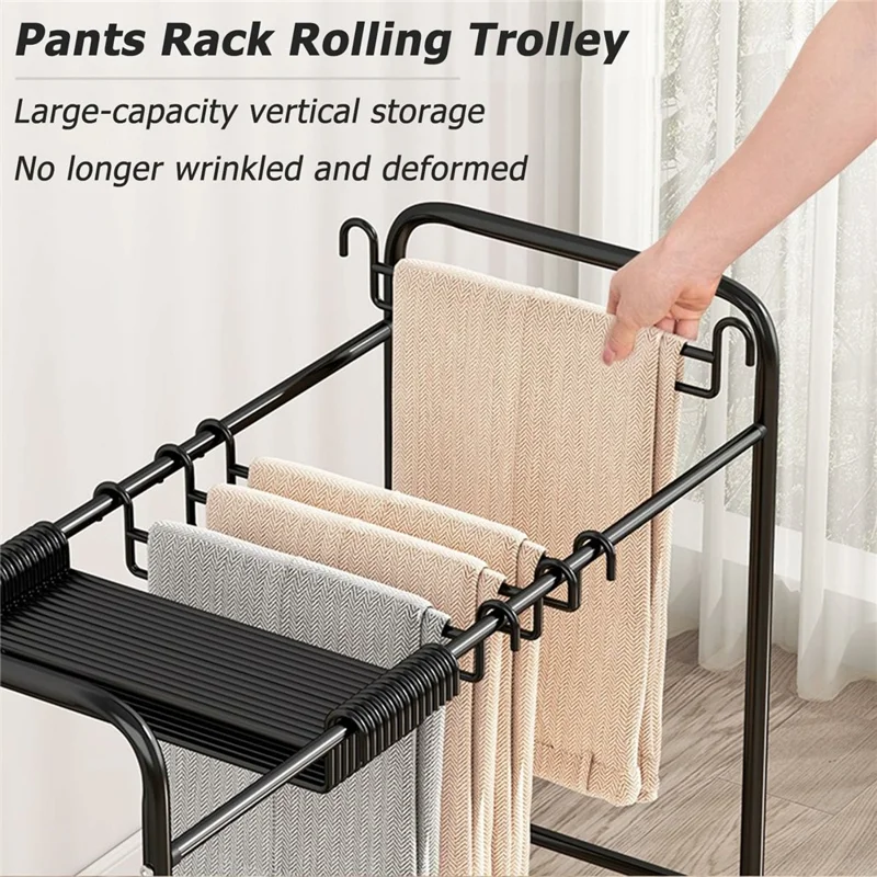 Portapantaloni mobile con larghezza di 75 cm e 30 grucce, organizzatore per armadio, scaffale di stoccaggio in metallo con ruote girevoli - Nero