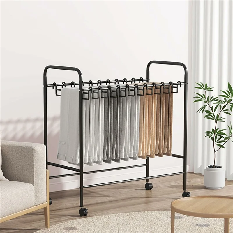 Portapantaloni mobile con larghezza di 75 cm e 30 grucce, organizzatore per armadio, scaffale di stoccaggio in metallo con ruote girevoli - Nero