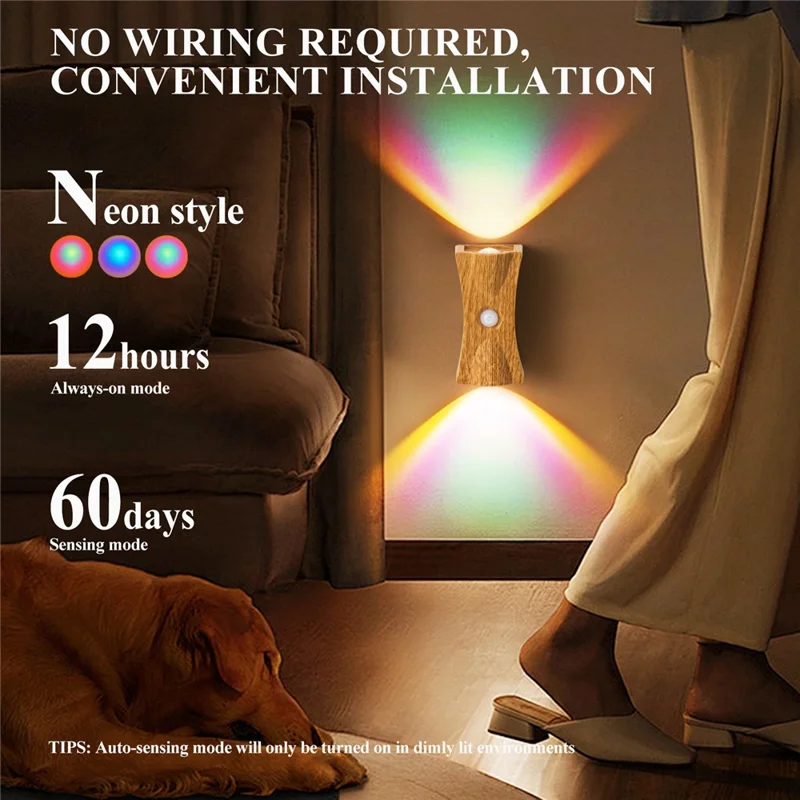 SWL001 Lampe murale magnétique en bois néon avec capteur de mouvement sans fil pour escalier et entrée - Grain de bois