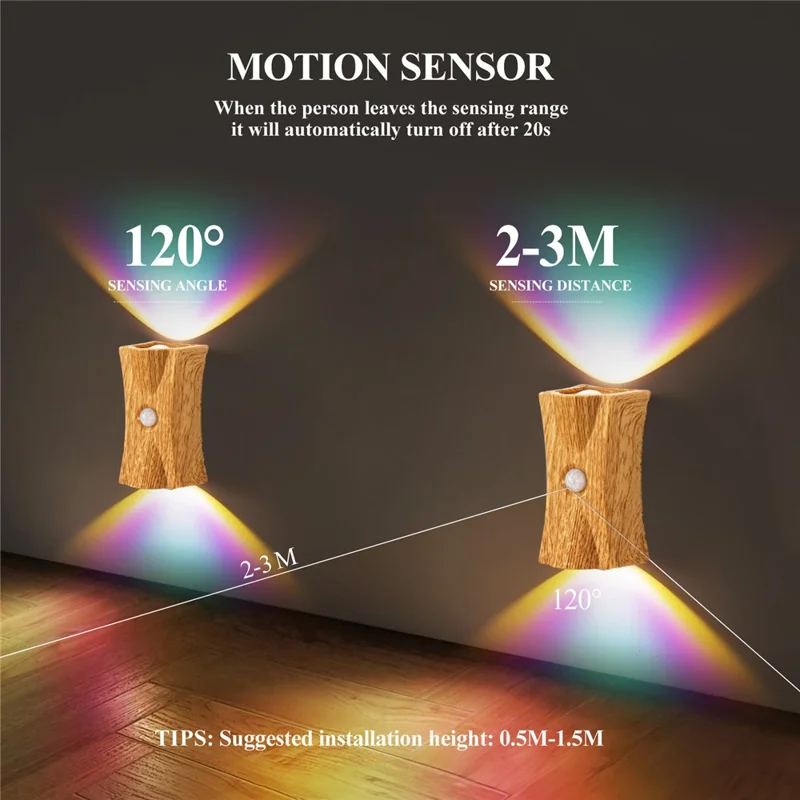 SWL001 Lampe murale magnétique en bois néon avec capteur de mouvement sans fil pour escalier et entrée - Grain de bois