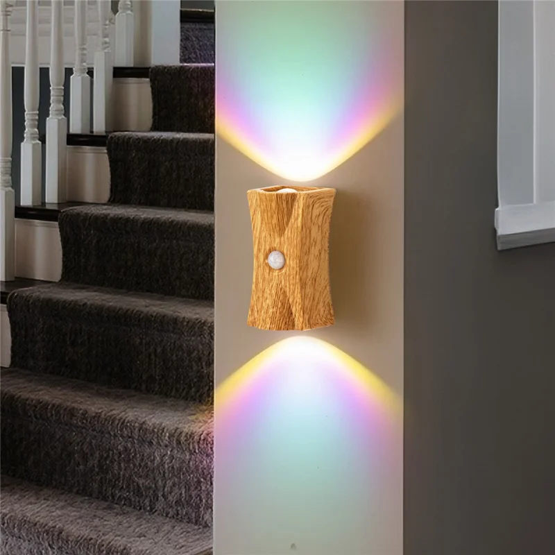 SWL001 Lampe murale magnétique en bois néon avec capteur de mouvement sans fil pour escalier et entrée - Grain de bois