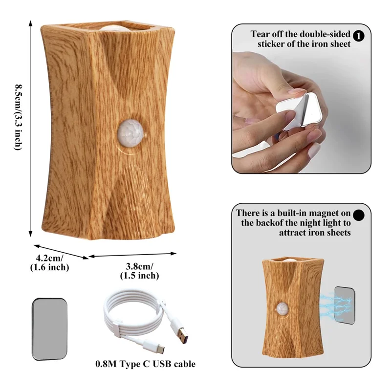 SWL001 Lampe murale magnétique en bois néon avec capteur de mouvement sans fil pour escalier et entrée - Grain de bois