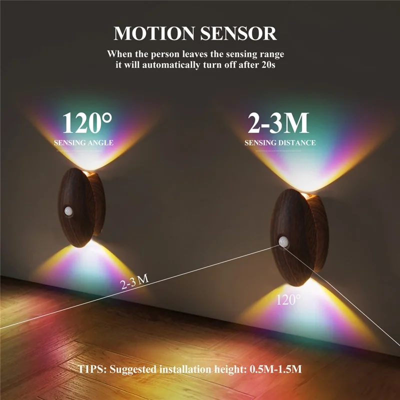 SWL002 Wireless Stair Wall Light Neon RGB Motion Sensor LED Rechargeable Night Light for Home Hallway - Walnut Wood