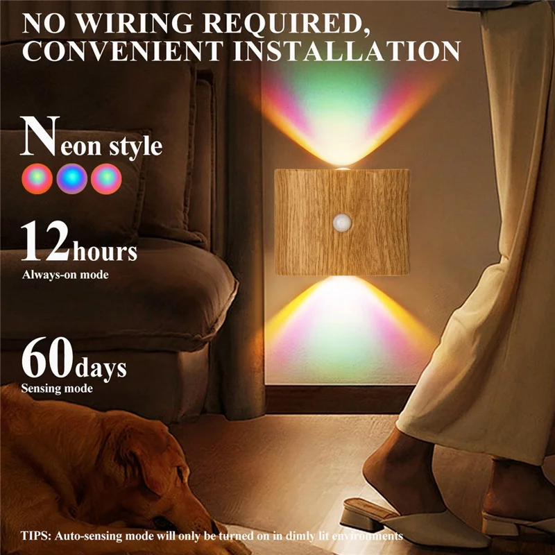 SWL003 Magnetischer Bewegungssensor-Licht Kabellos Wiederaufladbar Neon LED Nachtlicht für Wand Treppe Flur - Holzmaserung