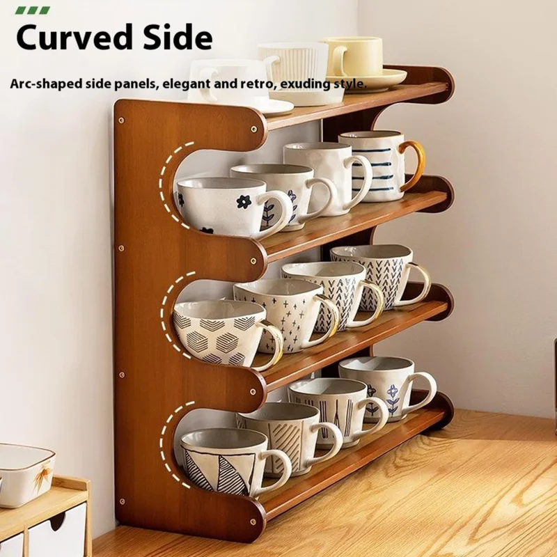 Rangement de verres à café et à vin en bambou à 4 niveaux de 50 cm - Support de rangement économisant de l'espace - Marron