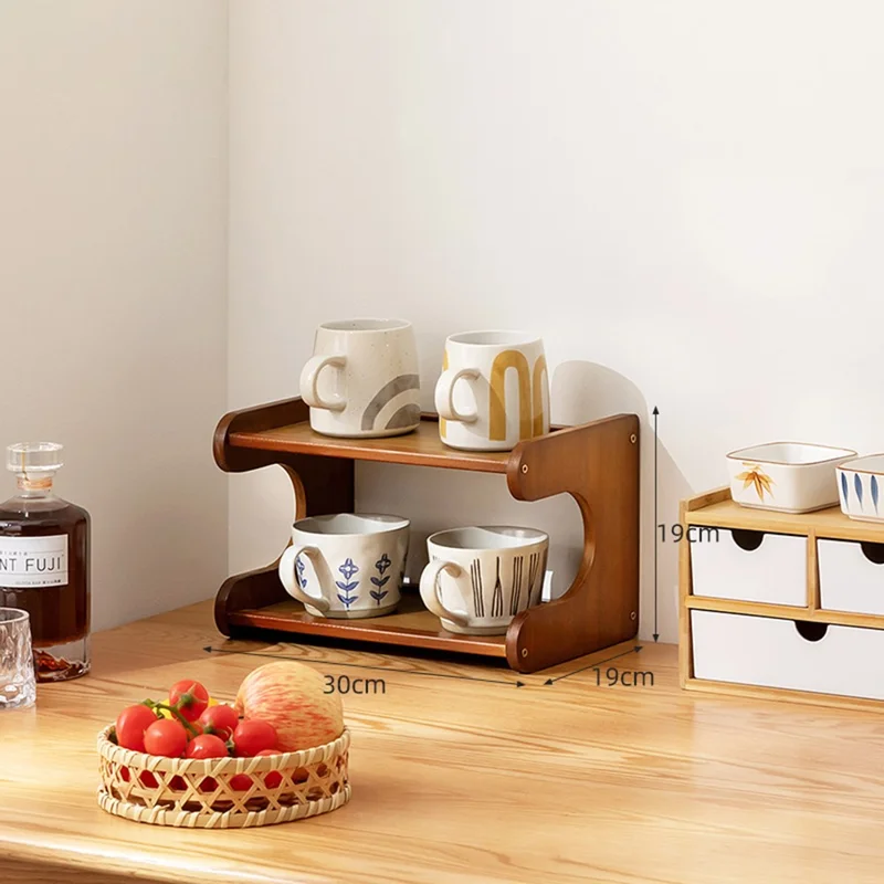 2-stöckiges 30cm Becheraufbewahrungsregal für Kaffee- und Weingläser, Organizer, Platzsparend, Bambus-Halter - Braun