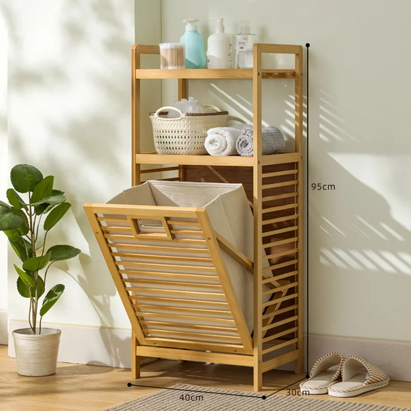 Prateleira de Armazenamento de Bambu com 3 Níveis e 40 cm de Comprimento, com Cesta Removível, Armário de Roupas e Lavanderia