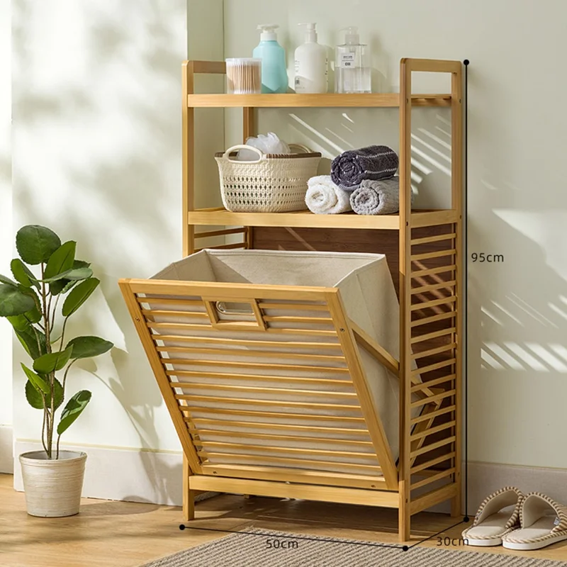 3301NZZYL-02 3-Tier 50cm Length Bamboo Storage Shelf with Removable Basket Bathroom Clothes Laundry Hamper