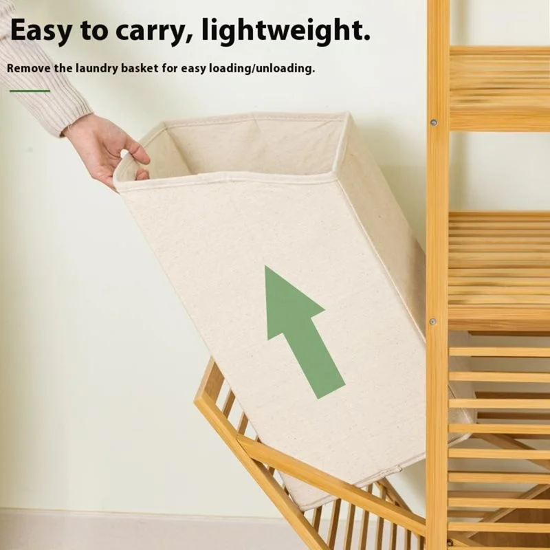 3301NZZYL-02 3-Tier 50cm Length Bamboo Storage Shelf with Removable Basket Bathroom Clothes Laundry Hamper