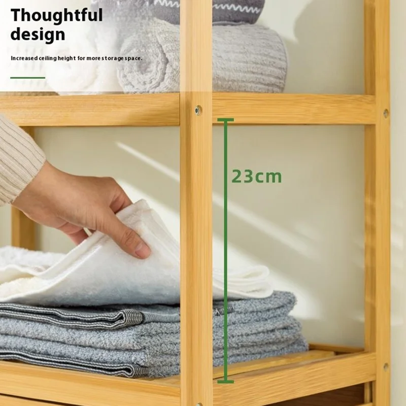 3301NZZYL-02 3-Tier 50cm Length Bamboo Storage Shelf with Removable Basket Bathroom Clothes Laundry Hamper