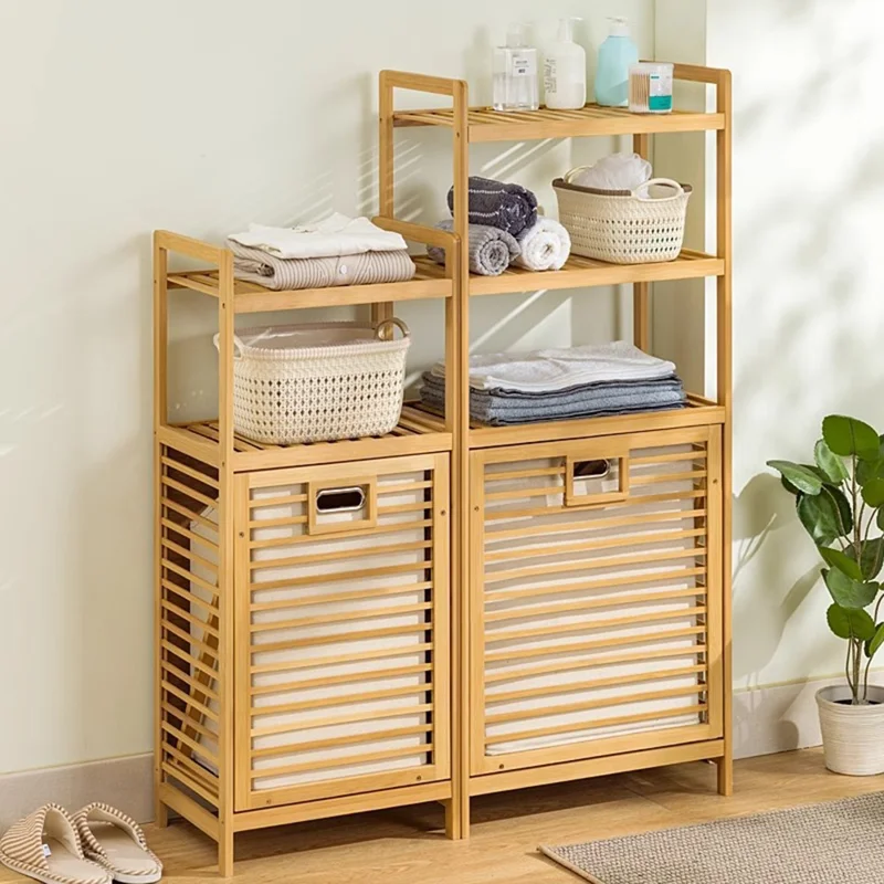 3301NZZYL-02 3-Tier 50cm Length Bamboo Storage Shelf with Removable Basket Bathroom Clothes Laundry Hamper