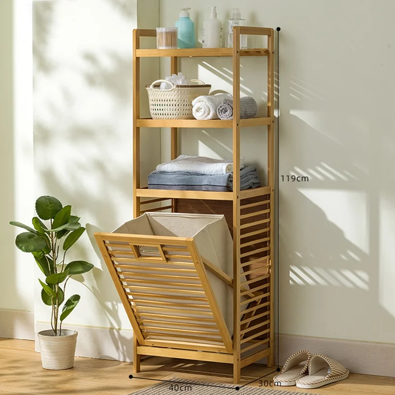 Estantería de Almacenamiento de Bambú de 4 Niveles y 40 cm de Longitud con Cesta Extraíble para Baño, Ropa y Lavandería