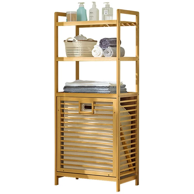 Estantería de Almacenamiento de Bambú de 4 Niveles y 40 cm de Longitud con Cesta Extraíble para Baño, Ropa y Lavandería