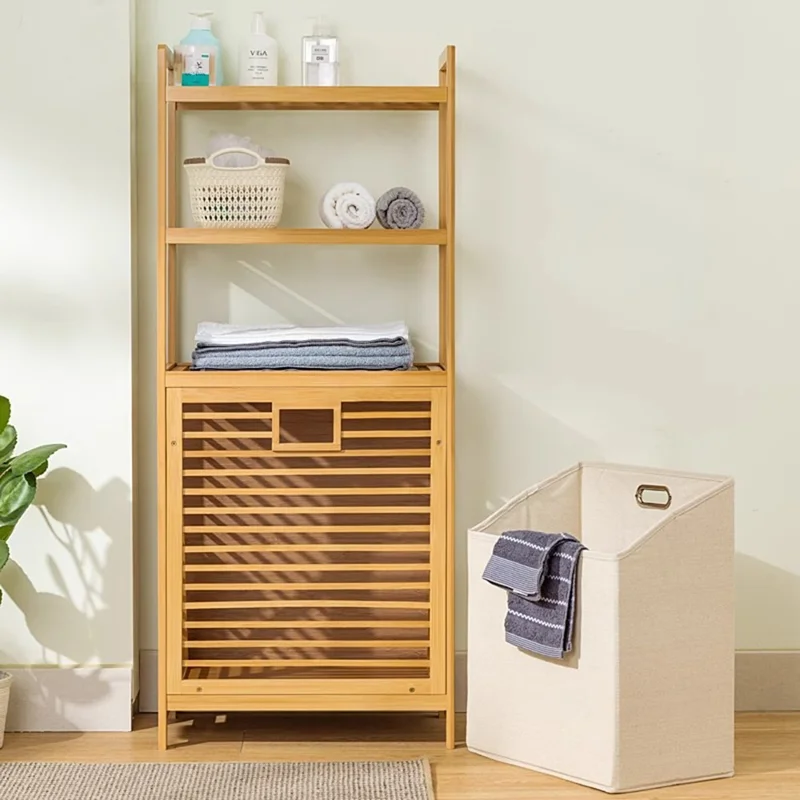 Estantería de Almacenamiento de Bambú de 4 Niveles y 40 cm de Longitud con Cesta Extraíble para Baño, Ropa y Lavandería