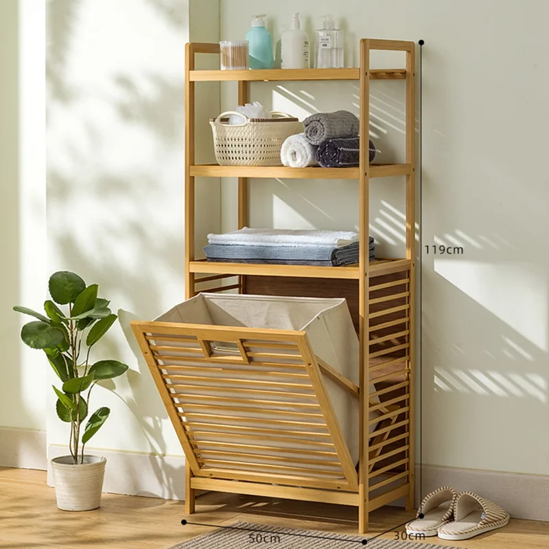 Estantería de almacenamiento de bambú de 4 niveles de 50 cm de longitud con cesta extraíble, cesta de lavandería para ropa de baño