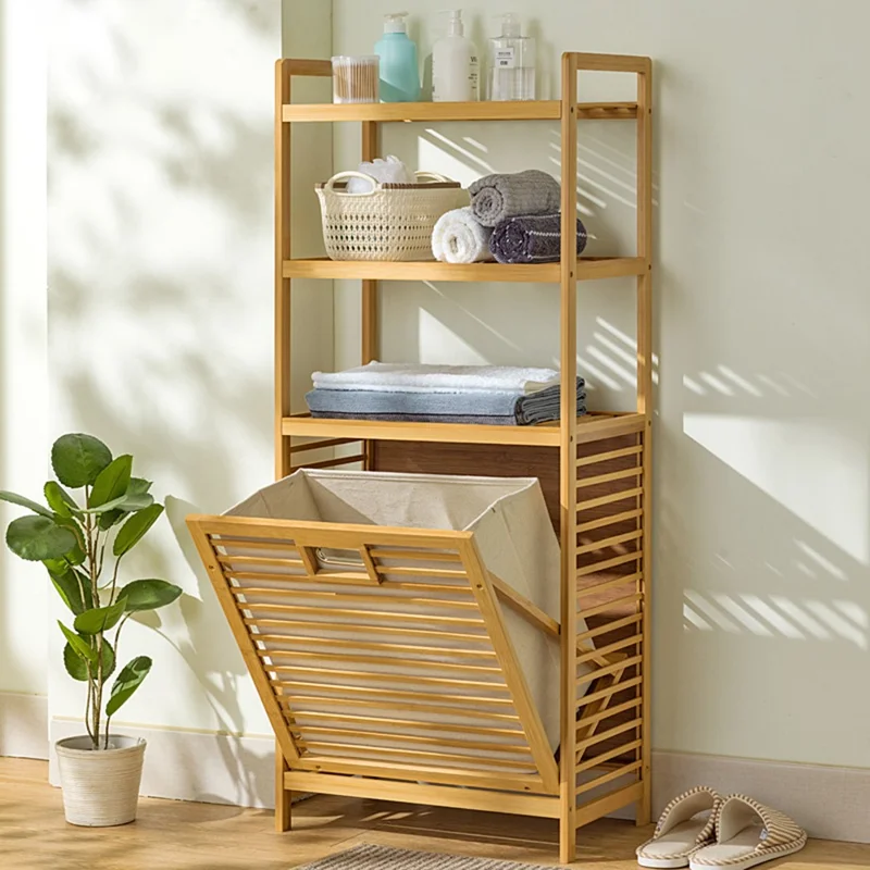 Estantería de almacenamiento de bambú de 4 niveles de 50 cm de longitud con cesta extraíble, cesta de lavandería para ropa de baño