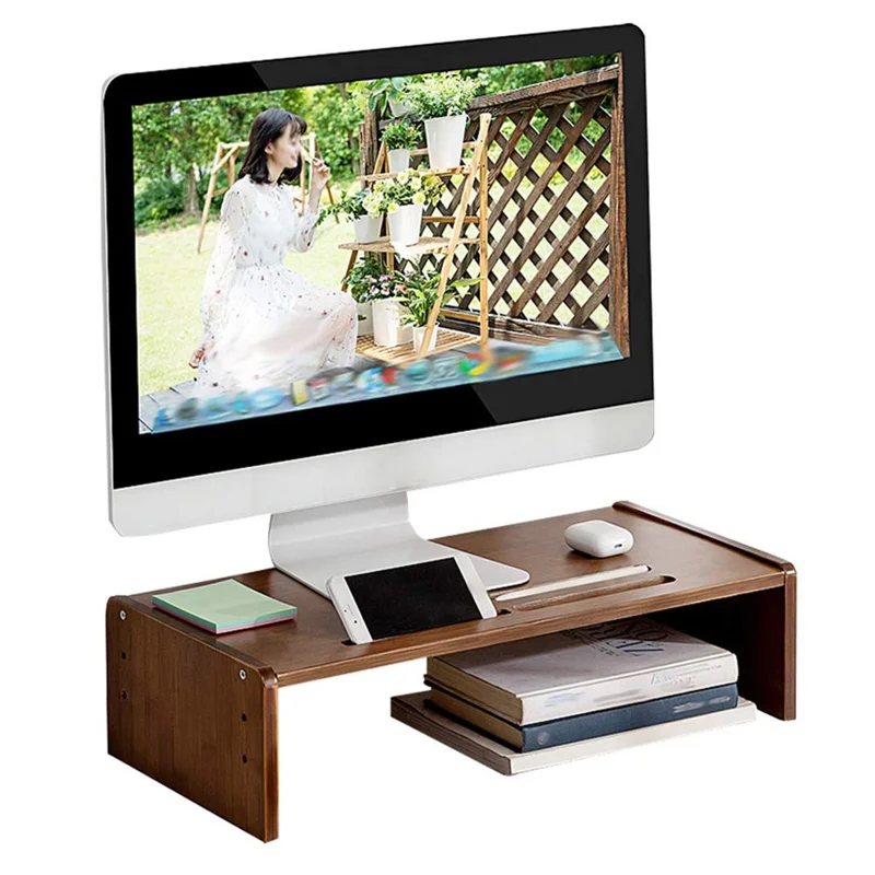 Adjustable Height Monitor Stand Riser for Desktop Computer Office Desk Organizer Bamboo Storage Shelf - Tawny
