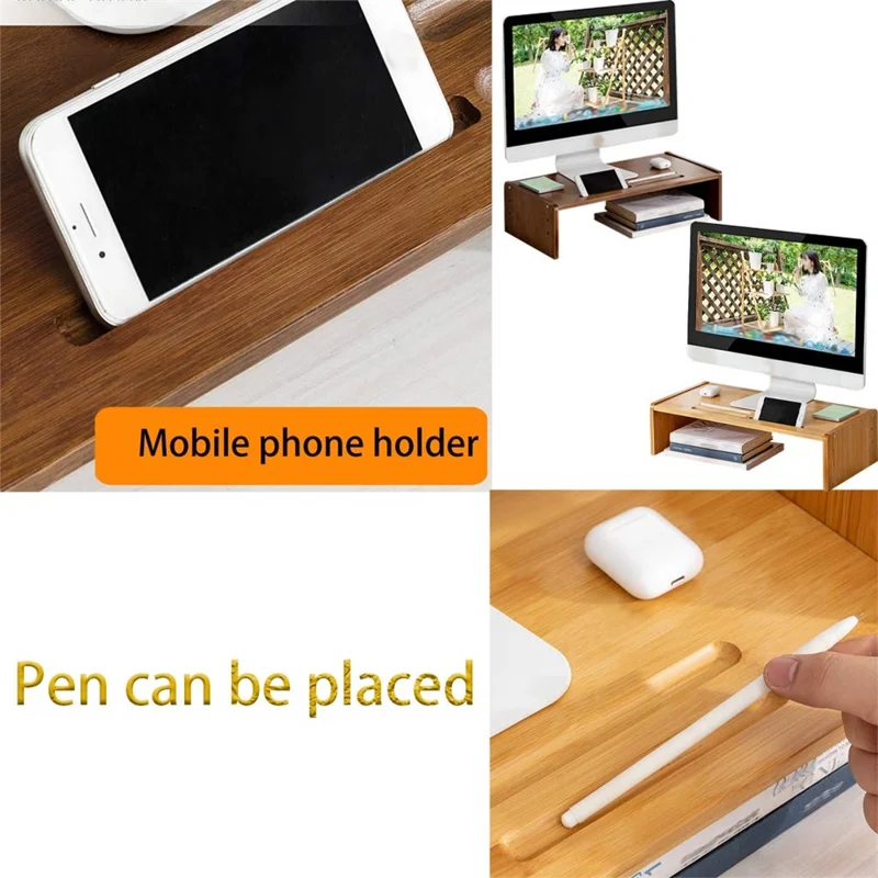 Adjustable Height Monitor Stand Riser for Desktop Computer Office Desk Organizer Bamboo Storage Shelf - Tawny