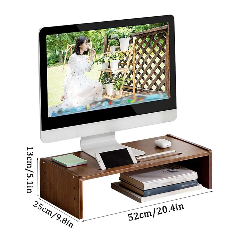 Adjustable Height Monitor Stand Riser for Desktop Computer Office Desk Organizer Bamboo Storage Shelf - Tawny